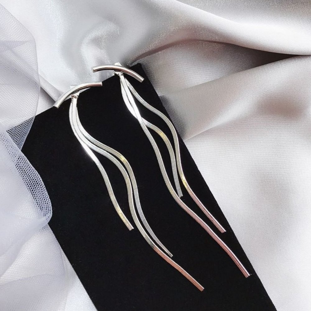 Vintage Silver Bar Long Thread Tassel Earrings - Picture 2 of 5